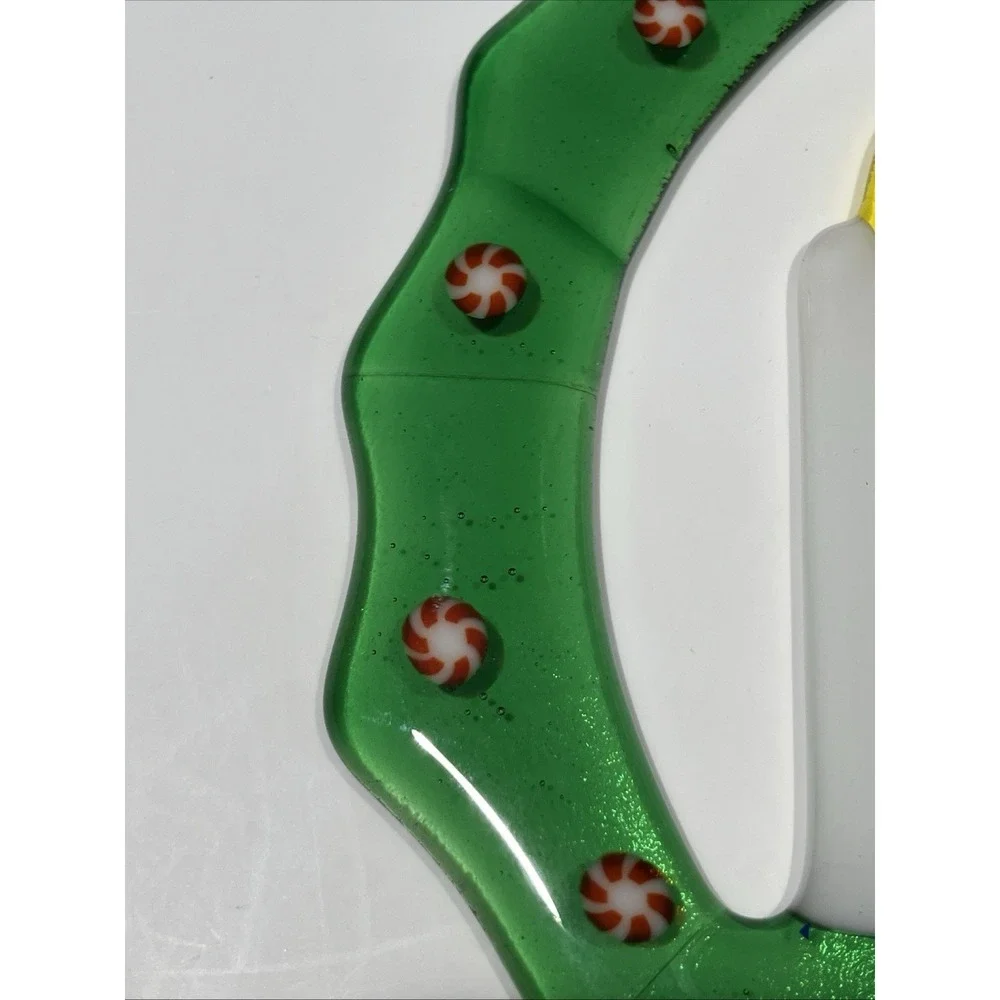 Handcrafted Fused Glass Christmas Wreath & Candle Suncatcher Peppermint Signed